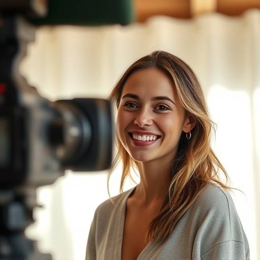 Filmación de video publicitario con un modelo sonriendo