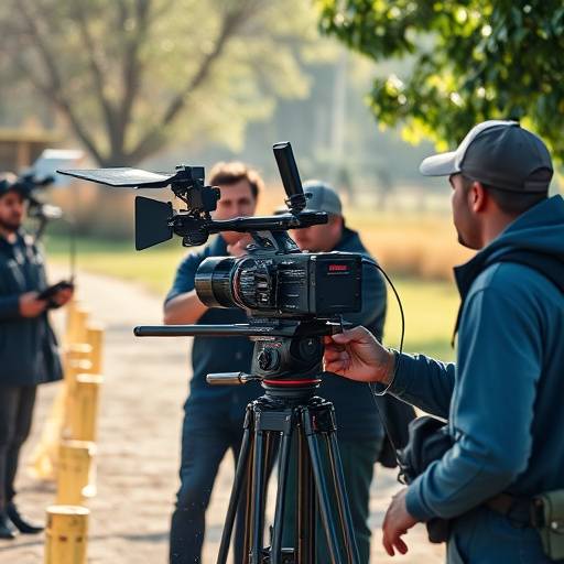 Imagen de un equipo de filmación en acción, grabando una escena en exteriores.
