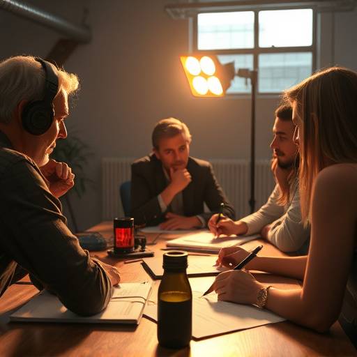 Imagen de una reunión de planificación de preproducción, con guiones gráficos y notas.